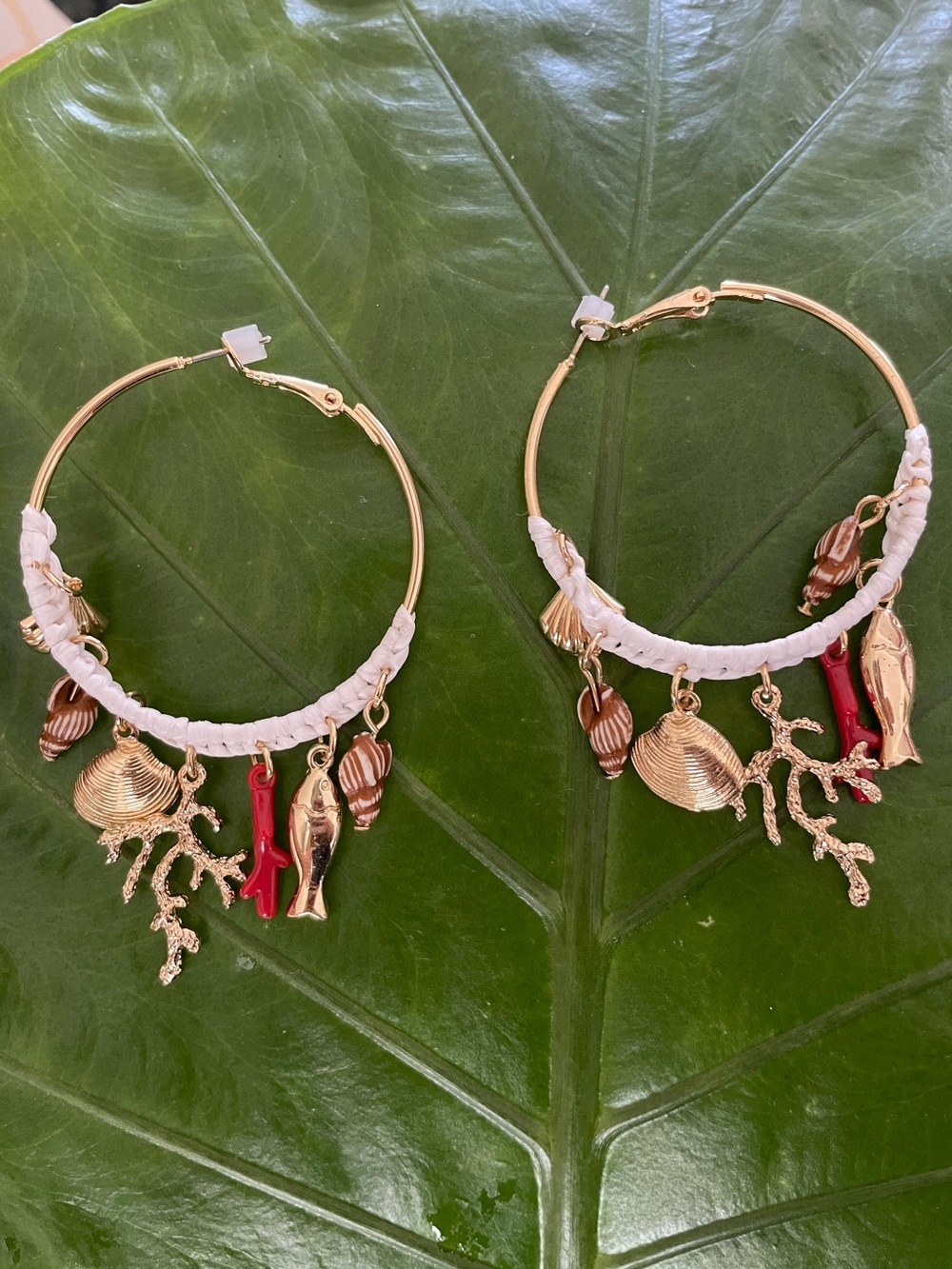 Made in Hawaii Gold and White Hoop Earrings with Sea Charm Accents